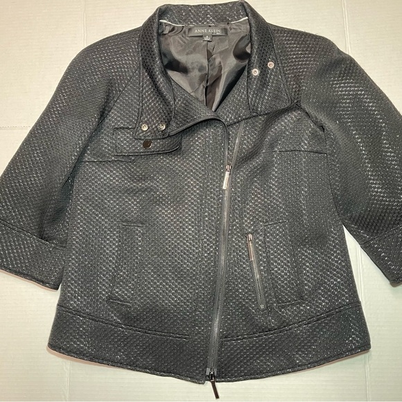 Anne Klein Suit Size 4 Zip Motorcycle Jacket Black Metallic - Picture 2 of 10